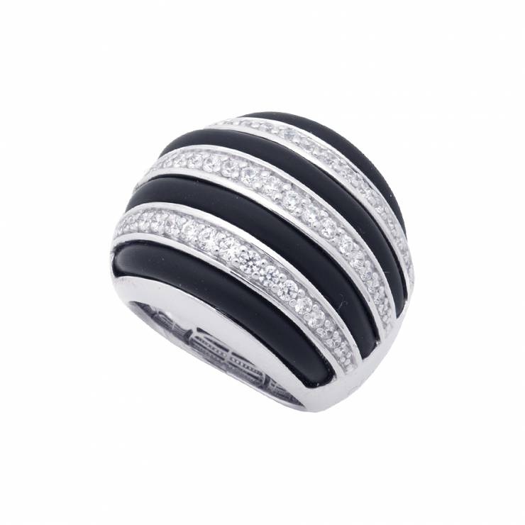 Sterling silver and black rubber ring set with CZ, rhodium plated.