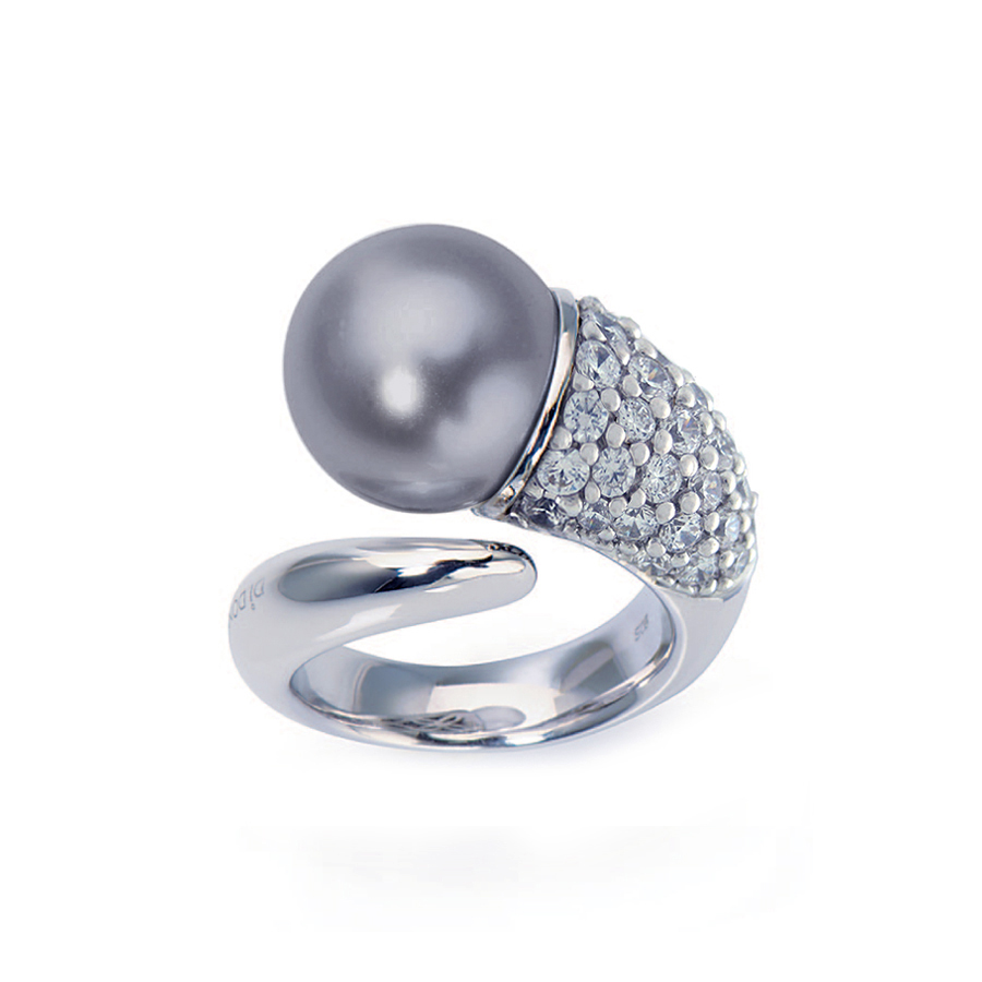 Sterling silver ring set with CZ, gray shell pearl, rhodium plated.