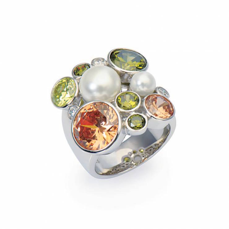 Sterling silver ring with multicolour Swarovski crystals and shell pearls, rhodium plated.