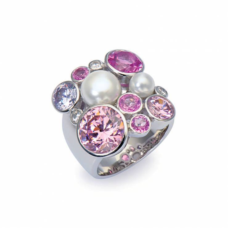 Sterling silver ring with multicolour Swarovski crystals and shell pearls, rhodium plated.