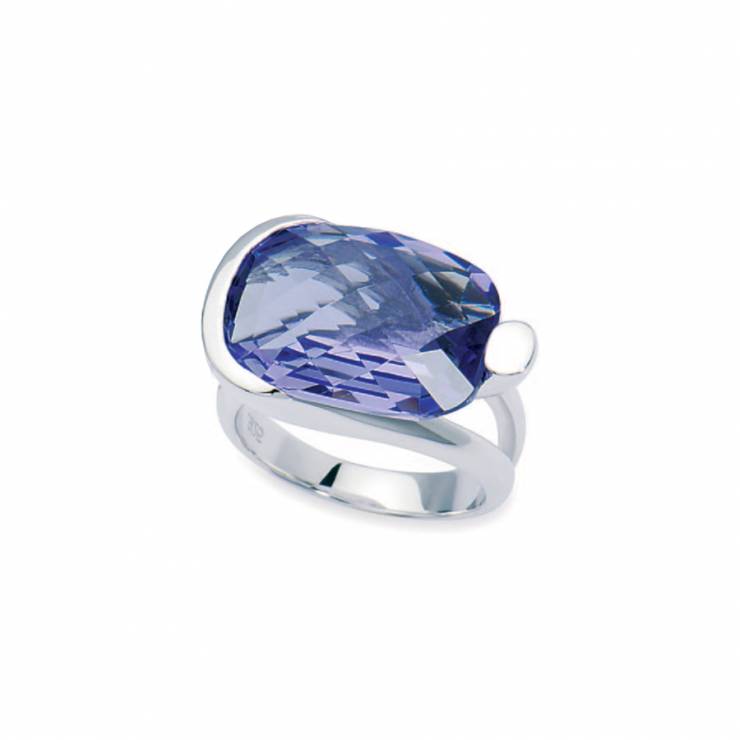Sterling silver ring with faceted Swarovski Tanzanite crystal, rhodium plated.
