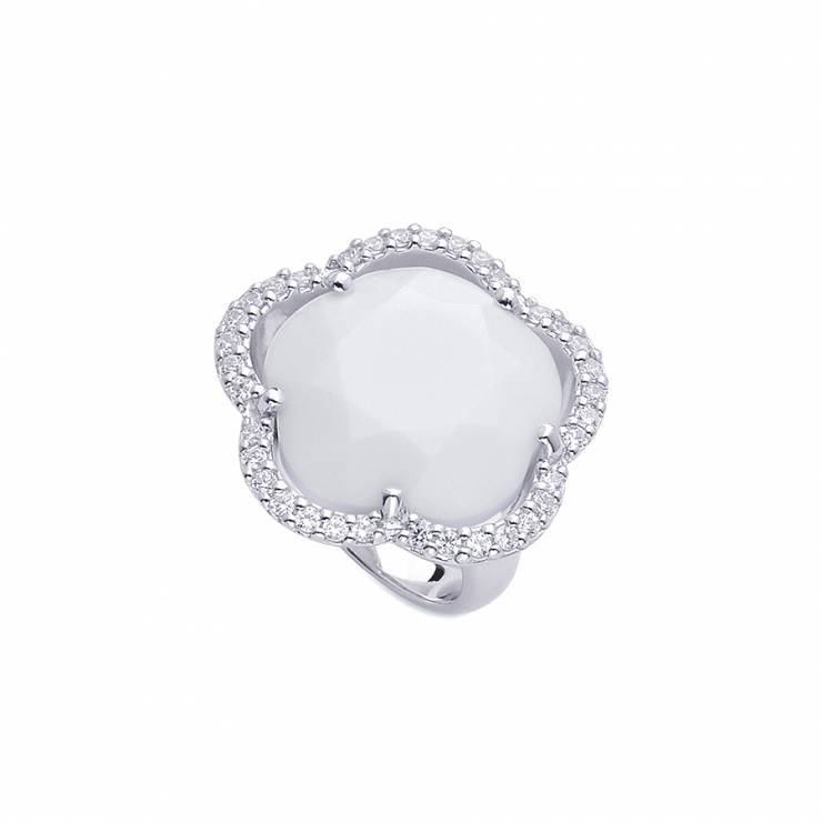 Sterling silver ring  with CZ and white Agate, rhodium plated.