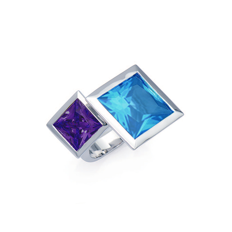 Sterling silver ring with Amethyst CZ and blue Topaz quartz, rhodium plated.
