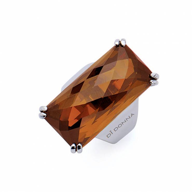 Sterling silver ring with rectangular faceted Citrine quartz, rhodium plated.