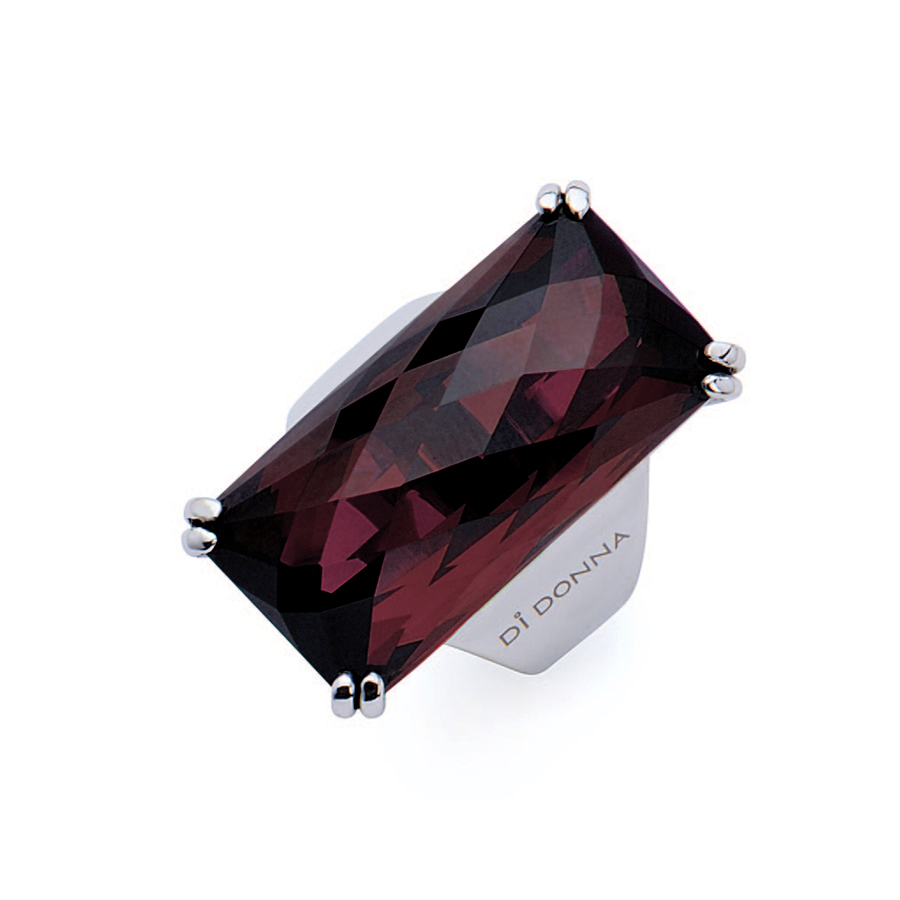 Sterling silver ring with rectangular faceted Rhodolite quartz, rhodium plated.